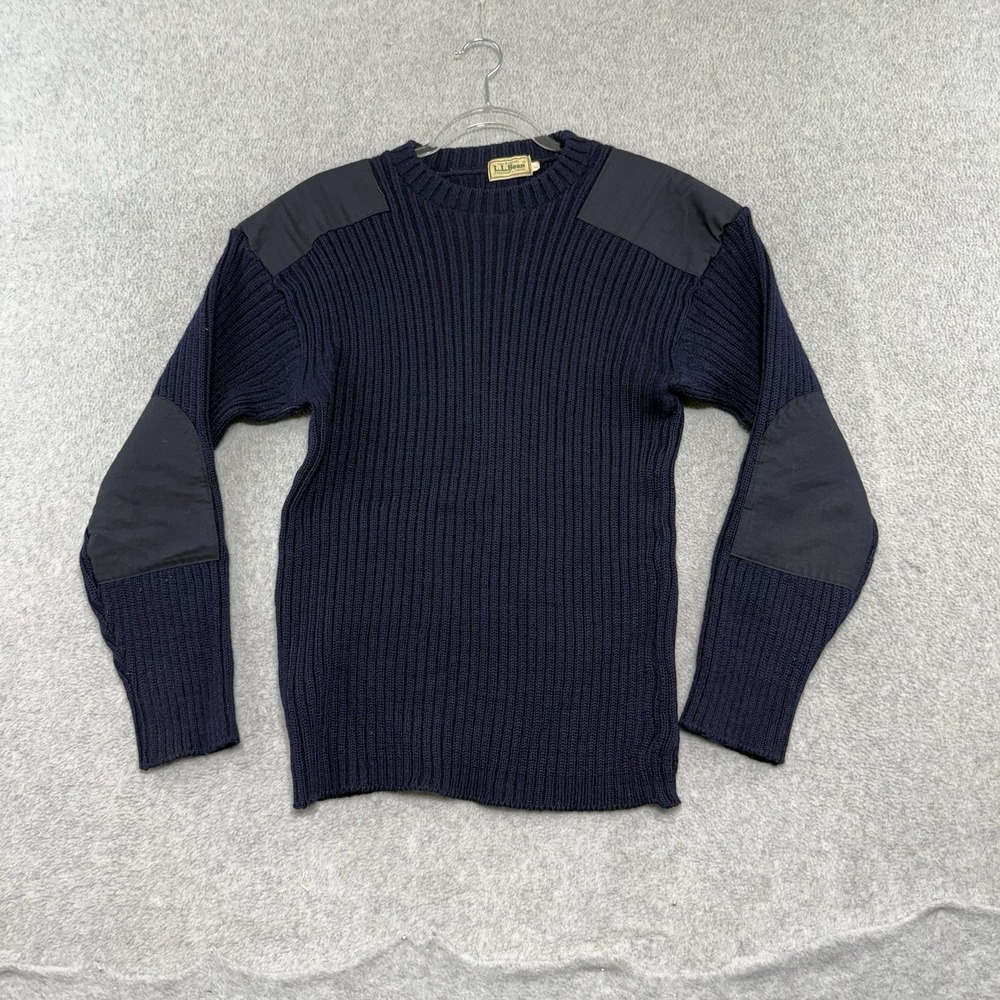 Vintage LL Bean Sweater‎ Men L Blue Wool Commando Crewneck Elbow Patches England